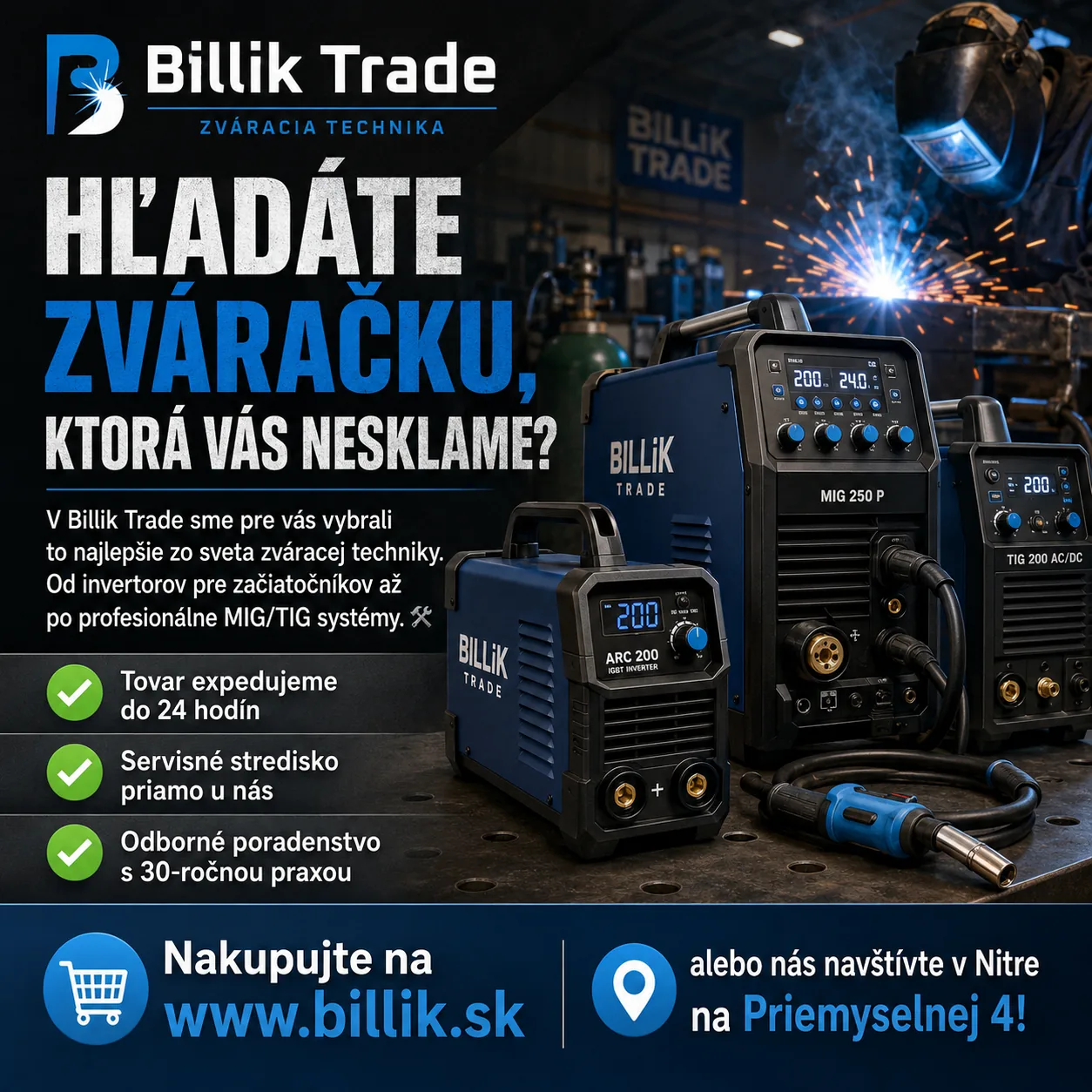 Svářecí invertory a technika Billik Trade — MIG, TIG, MMA